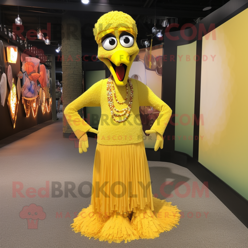 Yellow Stilt Walker mascot costume character dressed with a Maxi Skirt and Necklaces