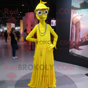 Yellow Stilt Walker mascot costume character dressed with a Maxi Skirt and Necklaces