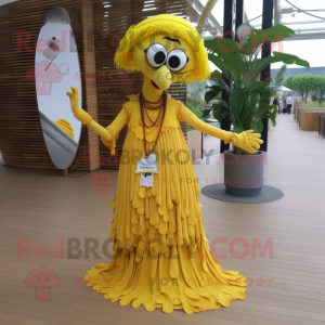 Yellow Stilt Walker mascot costume character dressed with a Maxi Skirt and Necklaces