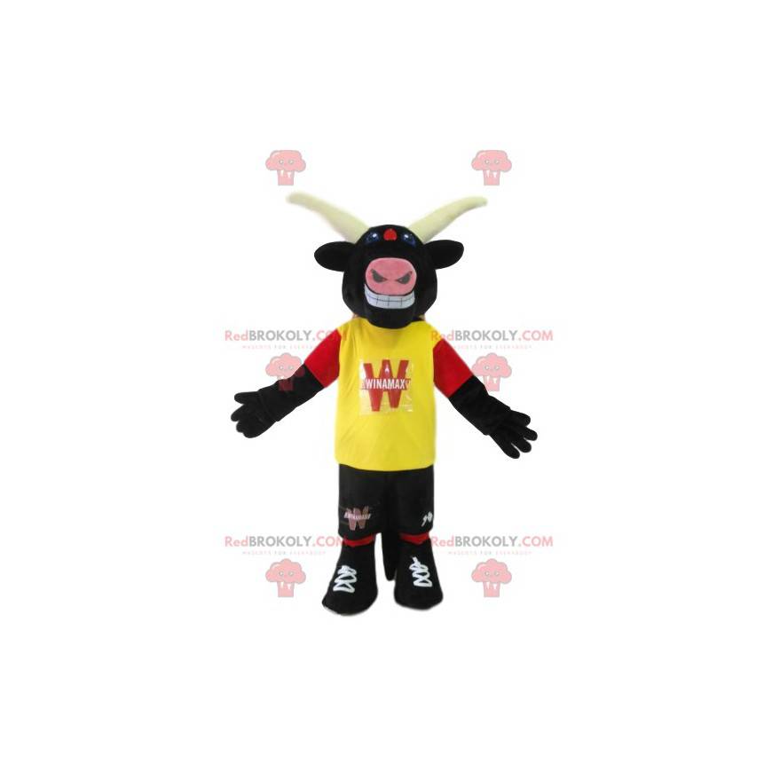 Bullenmaskottchen mit gelbem Trikot. Bullenkostüm - Bullenmaskottchen mit gelbem Trikot. Bullenkostüm -