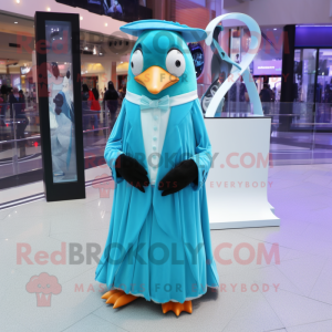 Cyan Penguin mascot costume character dressed with a Ball Gown and Tie pins