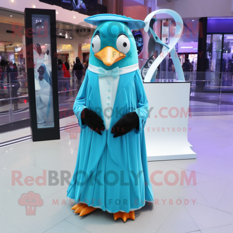 Cyan Penguin mascot costume character dressed with a Ball Gown and Tie pins