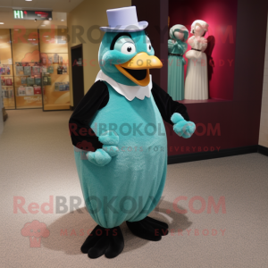 Cyan Penguin mascot costume character dressed with a Ball Gown and Tie pins