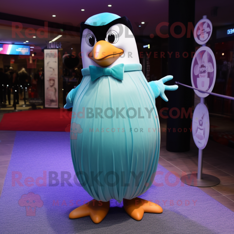 Cyan Penguin mascot costume character dressed with a Ball Gown and Tie pins