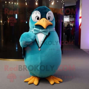 Cyan Penguin mascot costume character dressed with a Ball Gown and Tie pins