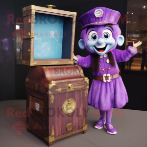 Purple Treasure Chest mascot costume character dressed with a Shift Dress and Digital watches
