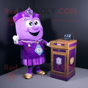 Purple Treasure Chest mascot costume character dressed with a Shift Dress and Digital watches