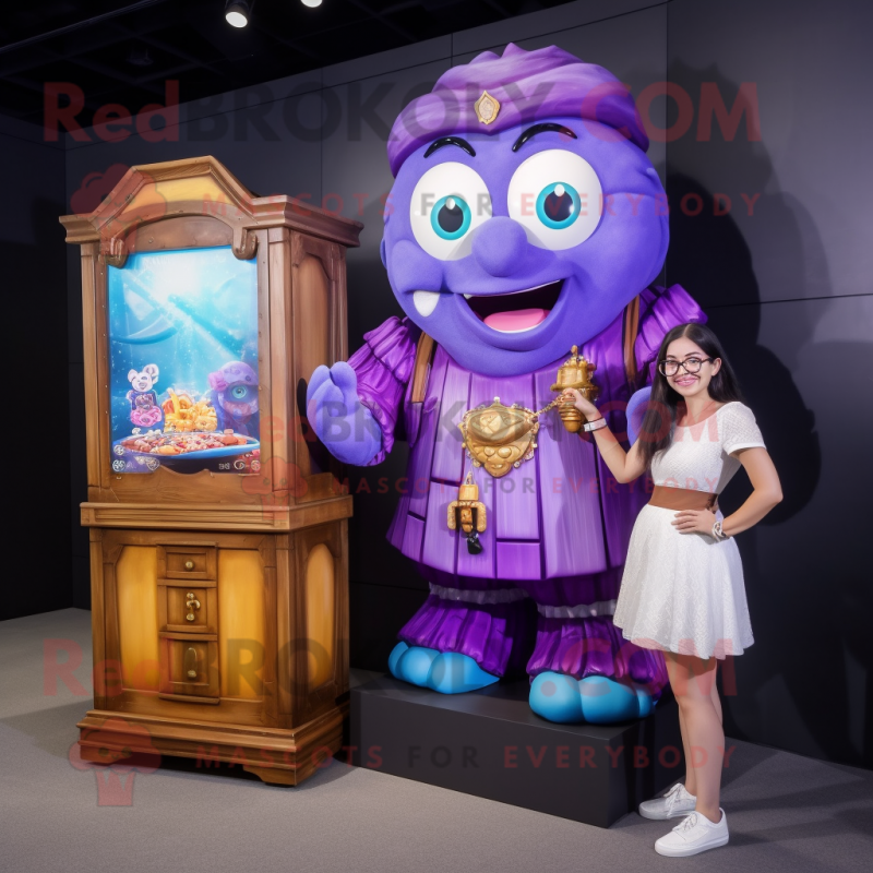 Purple Treasure Chest mascot costume character dressed with a Shift Dress and Digital watches