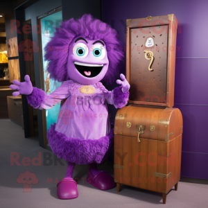 Purple Treasure Chest mascot costume character dressed with a Shift Dress and Digital watches