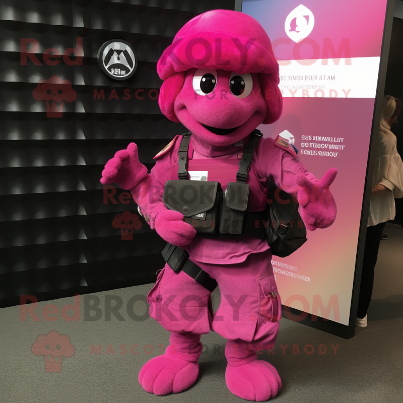 Magenta Para Commando mascot costume character dressed with a Wrap Skirt and Wallets