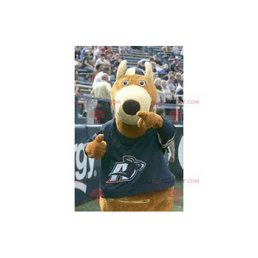 Brown bear mascot with a blue t-shirt - Redbrokoly.com
