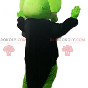 Mascotte d'éléphant vert avec une veste noire en queue de pie.