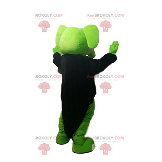 Mascotte d'éléphant vert avec une veste noire en queue de pie.
