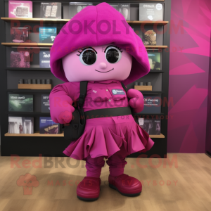 Magenta Para Commando mascot costume character dressed with a Wrap Skirt and Wallets