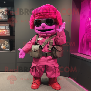 Magenta Para Commando mascot costume character dressed with a Wrap Skirt and Wallets