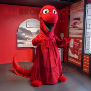 Red Loch Ness Monster mascot costume character dressed with a A-Line Skirt and Scarf clips