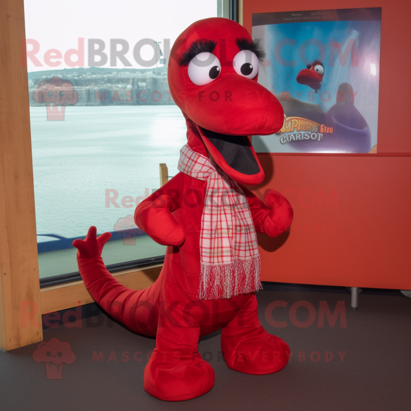 Red Loch Ness Monster mascot costume character dressed with a A-Line Skirt and Scarf clips