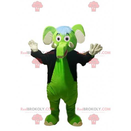 Mascotte d'éléphant vert avec une veste noire en queue de pie.