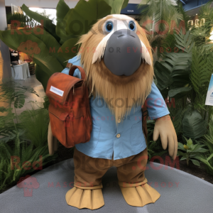 Rust Walrus mascot costume character dressed with a Chambray Shirt and Backpacks