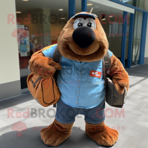 Rust Walrus mascot costume character dressed with a Chambray Shirt and Backpacks