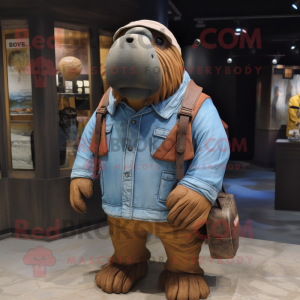 Rust Walrus mascot costume character dressed with a Chambray Shirt and Backpacks