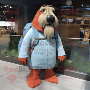 Rust Walrus mascot costume character dressed with a Chambray Shirt and Backpacks
