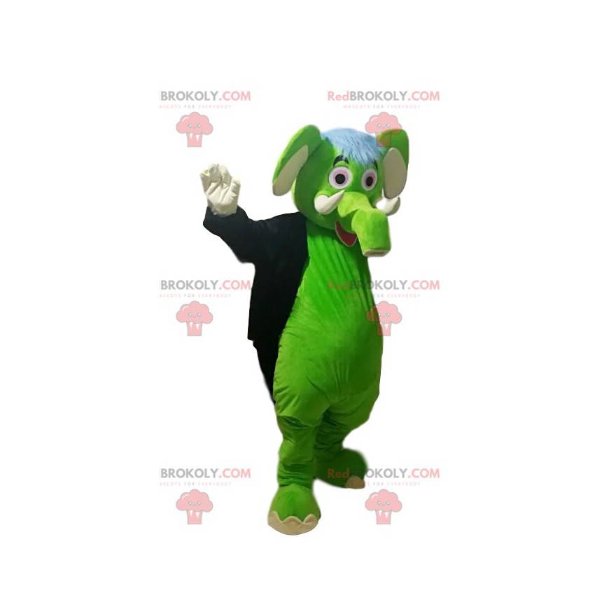Elefante mascote verde com uma cauda de jaqueta preta. -