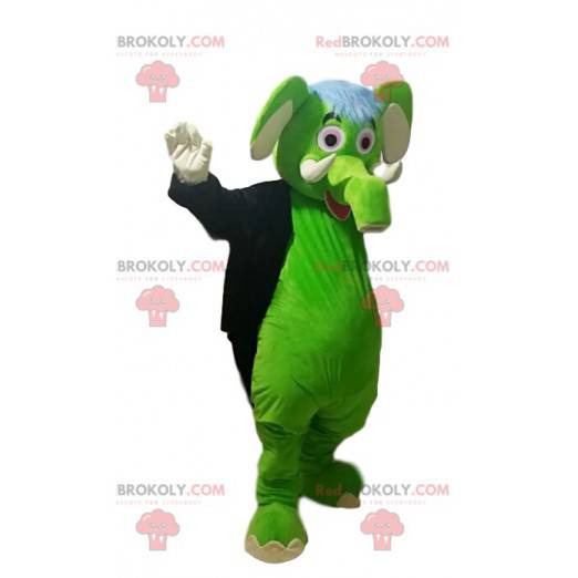 Mascot elefante verde con cola de chaqueta negra. -