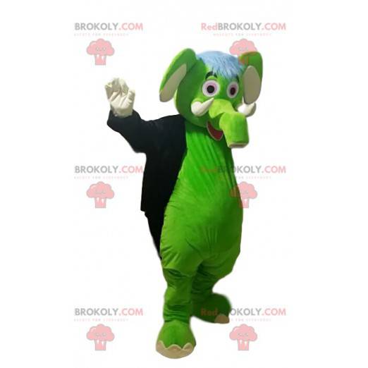 Mascotte elefante verde con una coda giacca nera. -