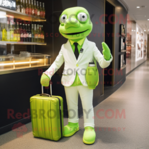 Lime Green Champagne mascot costume character dressed with a Romper and Briefcases