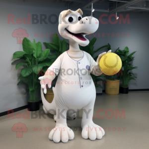 White Brachiosaurus mascot costume character dressed with a Baseball Tee and Coin purses