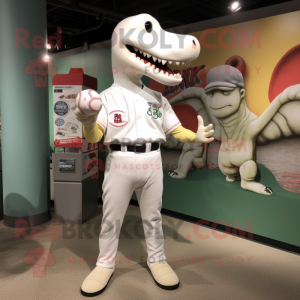 White Brachiosaurus mascot costume character dressed with a Baseball Tee and Coin purses