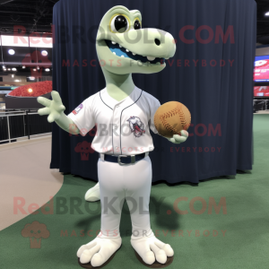 White Brachiosaurus mascot costume character dressed with a Baseball Tee and Coin purses