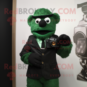 Forest Green Camera mascot costume character dressed with a Suit and Gloves