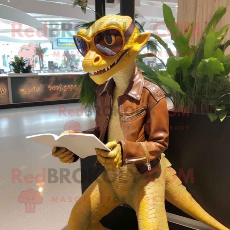 Gold Dimorphodon mascot costume character dressed with a Leather Jacket and Reading glasses