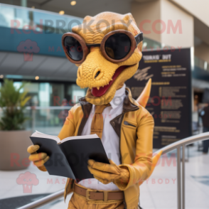 Gold Dimorphodon mascot costume character dressed with a Leather Jacket and Reading glasses