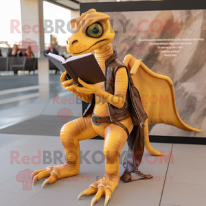 Gold Dimorphodon mascot costume character dressed with a Leather Jacket and Reading glasses