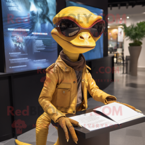 Gold Dimorphodon mascot costume character dressed with a Leather Jacket and Reading glasses