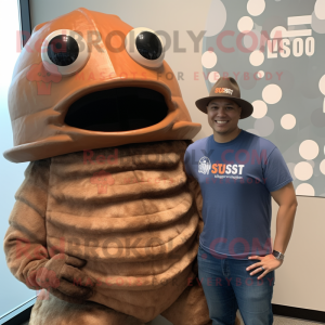Rust Trilobite mascot costume character dressed with a Tank Top and Hats