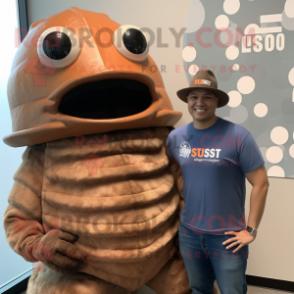 Rust Trilobite mascot costume character dressed with a Tank Top and Hats