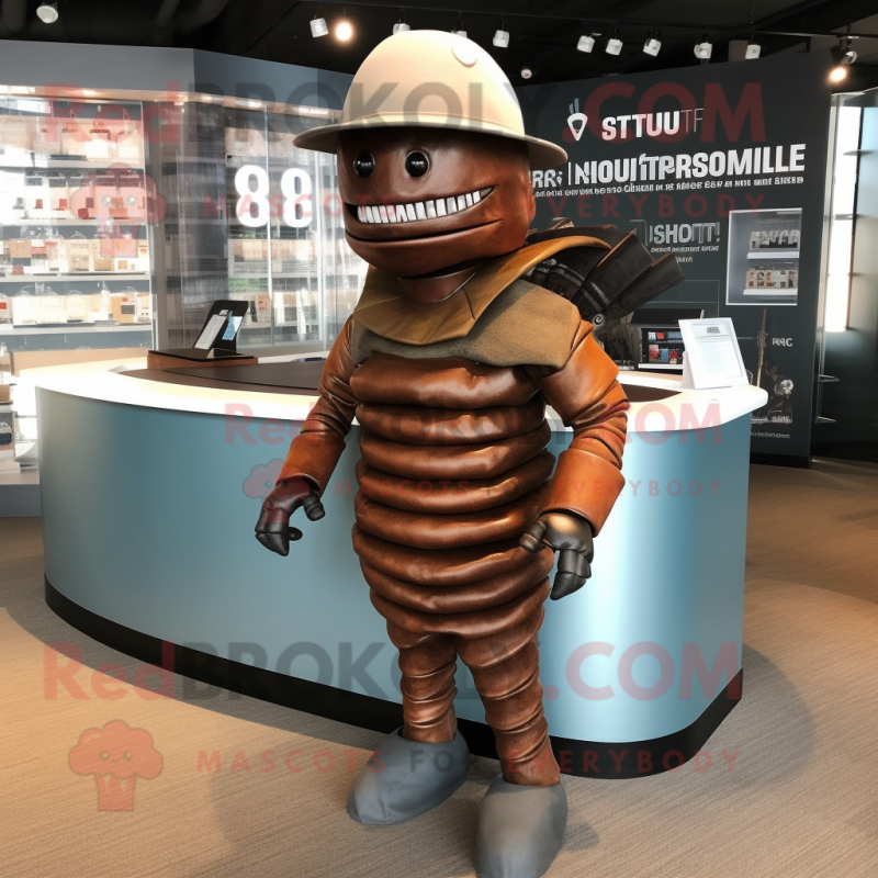 Rust Trilobite mascot costume character dressed with a Tank Top and Hats