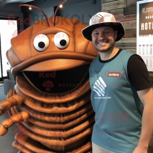 Rust Trilobite mascot costume character dressed with a Tank Top and Hats