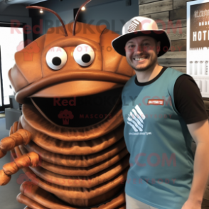 Rust Trilobite mascot costume character dressed with a Tank Top and Hats