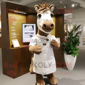 Brown Quagga mascot costume character dressed with a Wedding Dress and Messenger bags