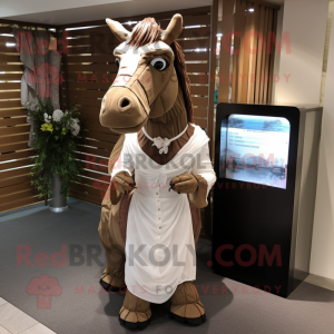 Brown Quagga mascot costume character dressed with a Wedding Dress and Messenger bags