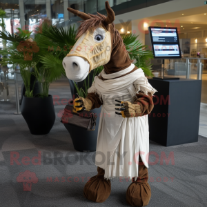 Brown Quagga mascot costume character dressed with a Wedding Dress and Messenger bags