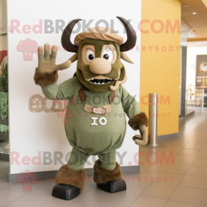 Olive Minotaur mascot costume character dressed with a Skinny Jeans and Caps
