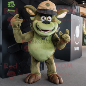 Olive Minotaur mascot costume character dressed with a Skinny Jeans and Caps