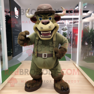 Olive Minotaur mascot costume character dressed with a Skinny Jeans and Caps