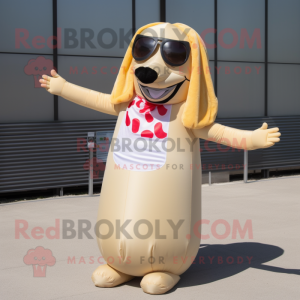 Beige Hot Dogs mascot costume character dressed with a Skirt and Sunglasses